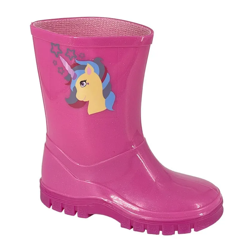 Kids Wellington Welly Boots Unicorn Pink Girls 3 to 10 Infants