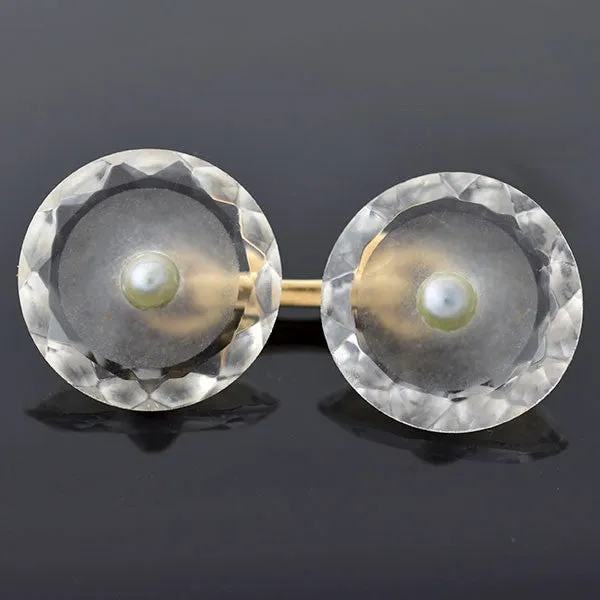 LARTER & SONS Art Deco 14kt Rock Crystal & Pearl Cufflinks