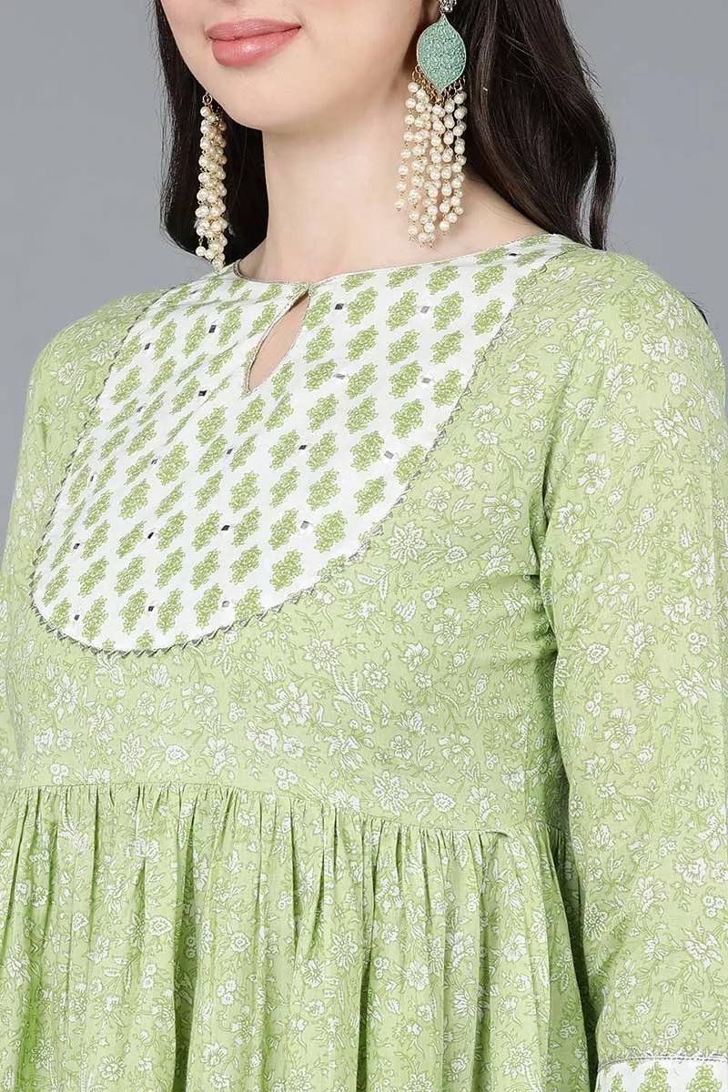 Light Green Cotton Flared Kurta Pant With Dupatta