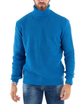 Maglioncino Uomo Collo Alto Tinta Unita Azzurro Maglia Inglese Dolcevita Basic GIOSAL-M2351A