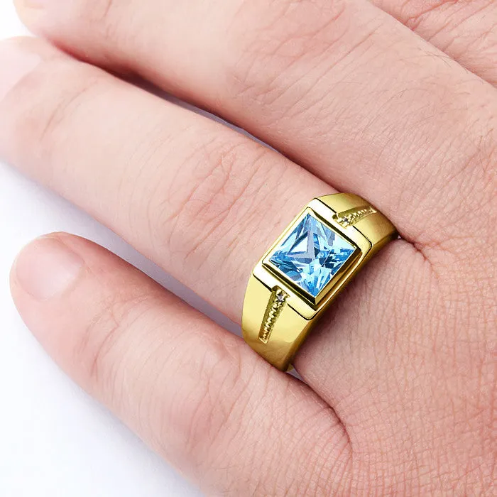 Men's Diamonds Ring 14K Yellow Gold with Blue Topaz Gemstone, Men's Statement Ring