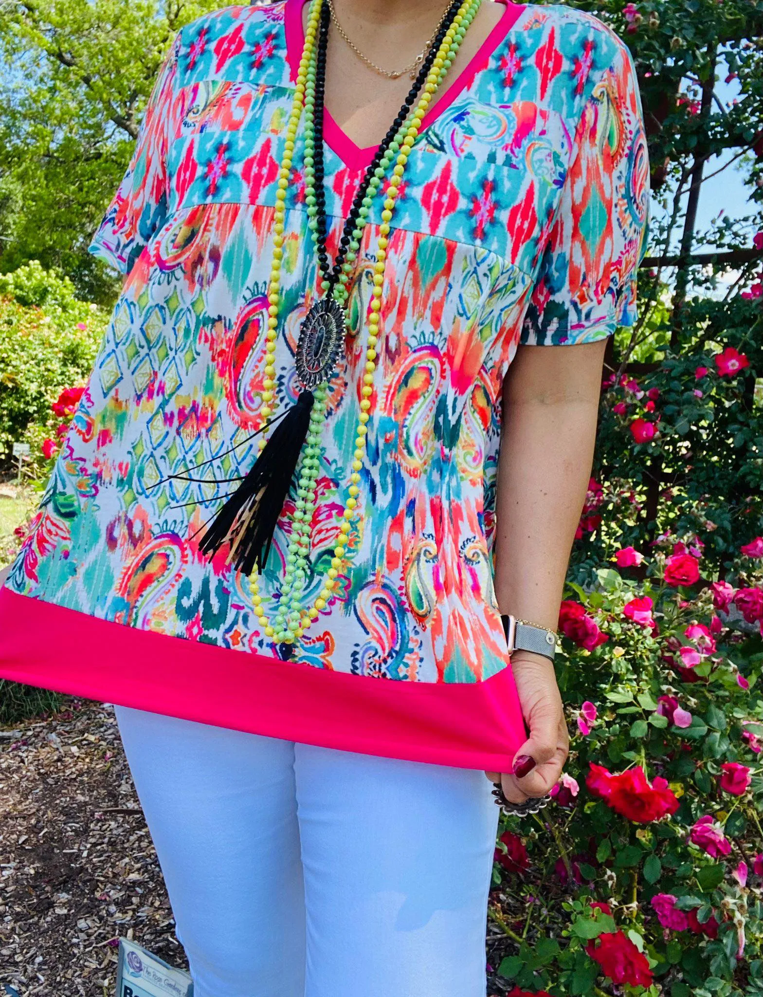 Multi Paisley print top with pink trim v-neck