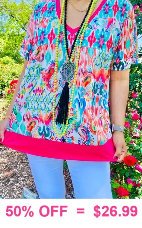 Multi Paisley print top with pink trim v-neck