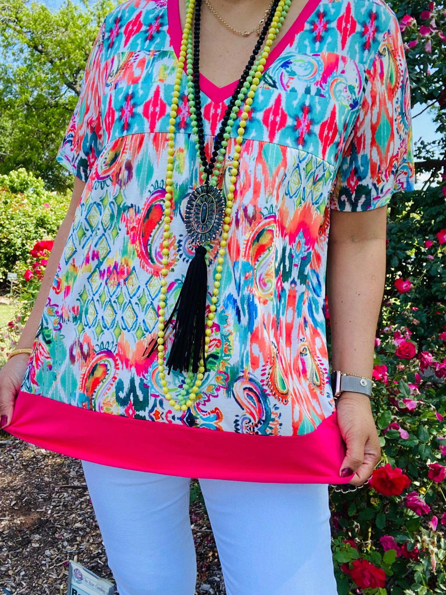 Multi Paisley print top with pink trim v-neck