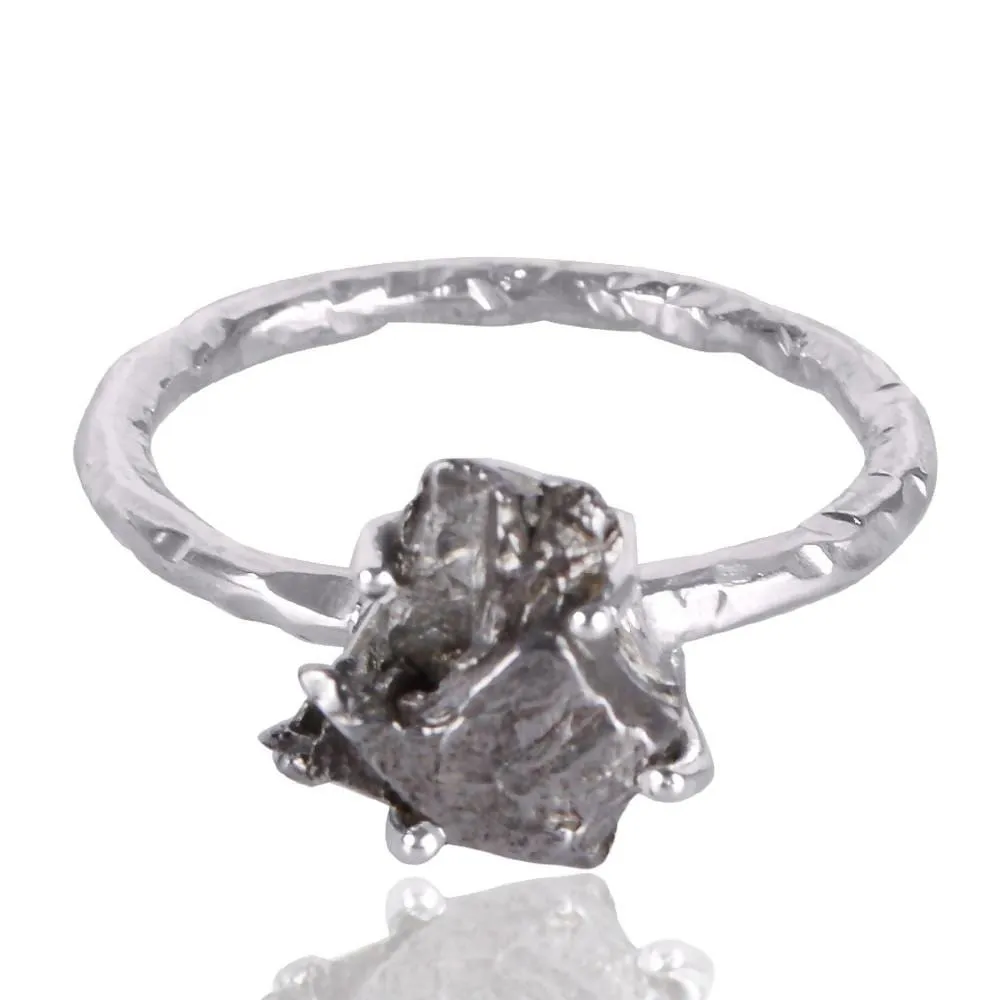 Natural Meteorite Rough Stone Ring, 925 Sterling Silver Solitaire Rings