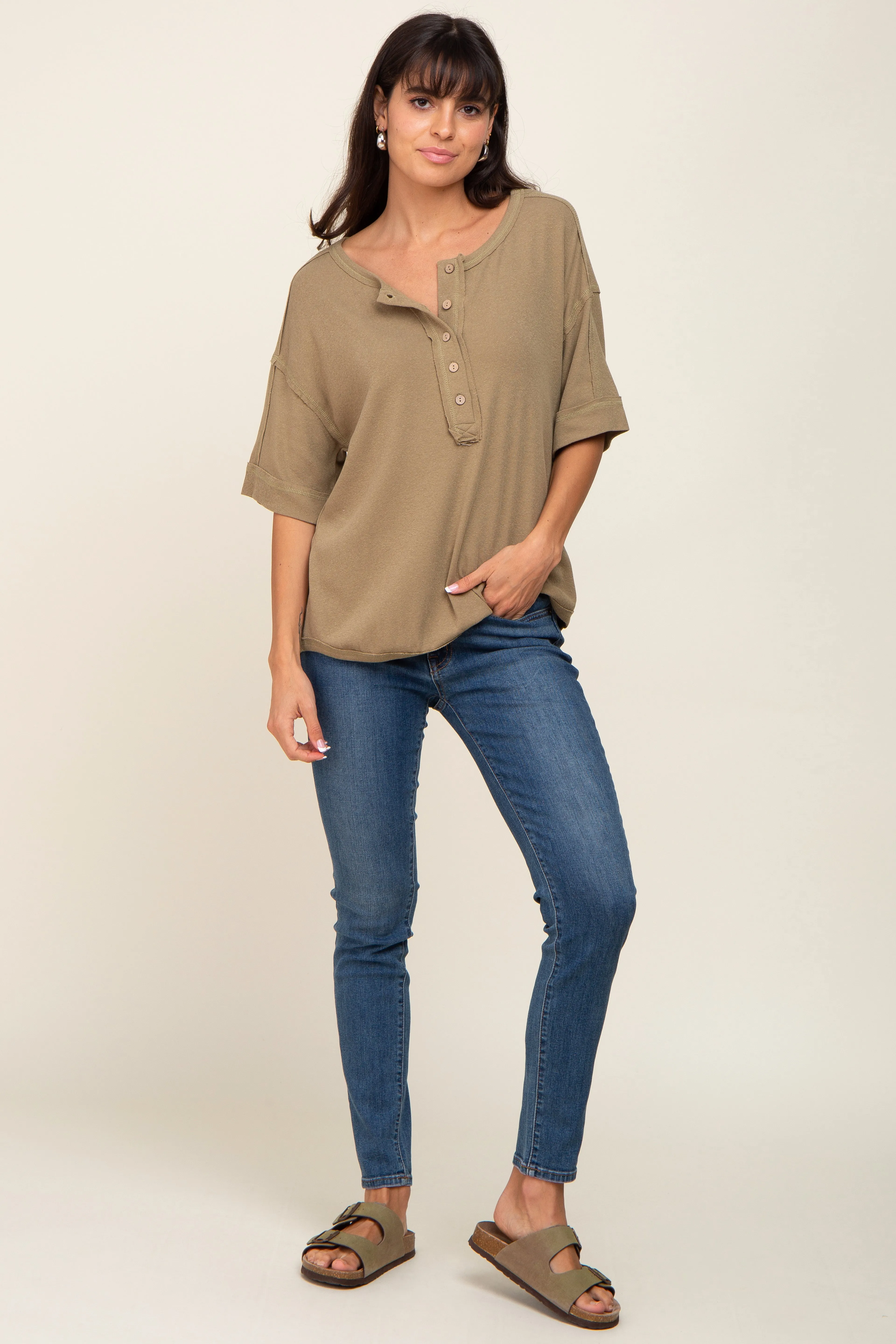 Olive Oversized Henley Top