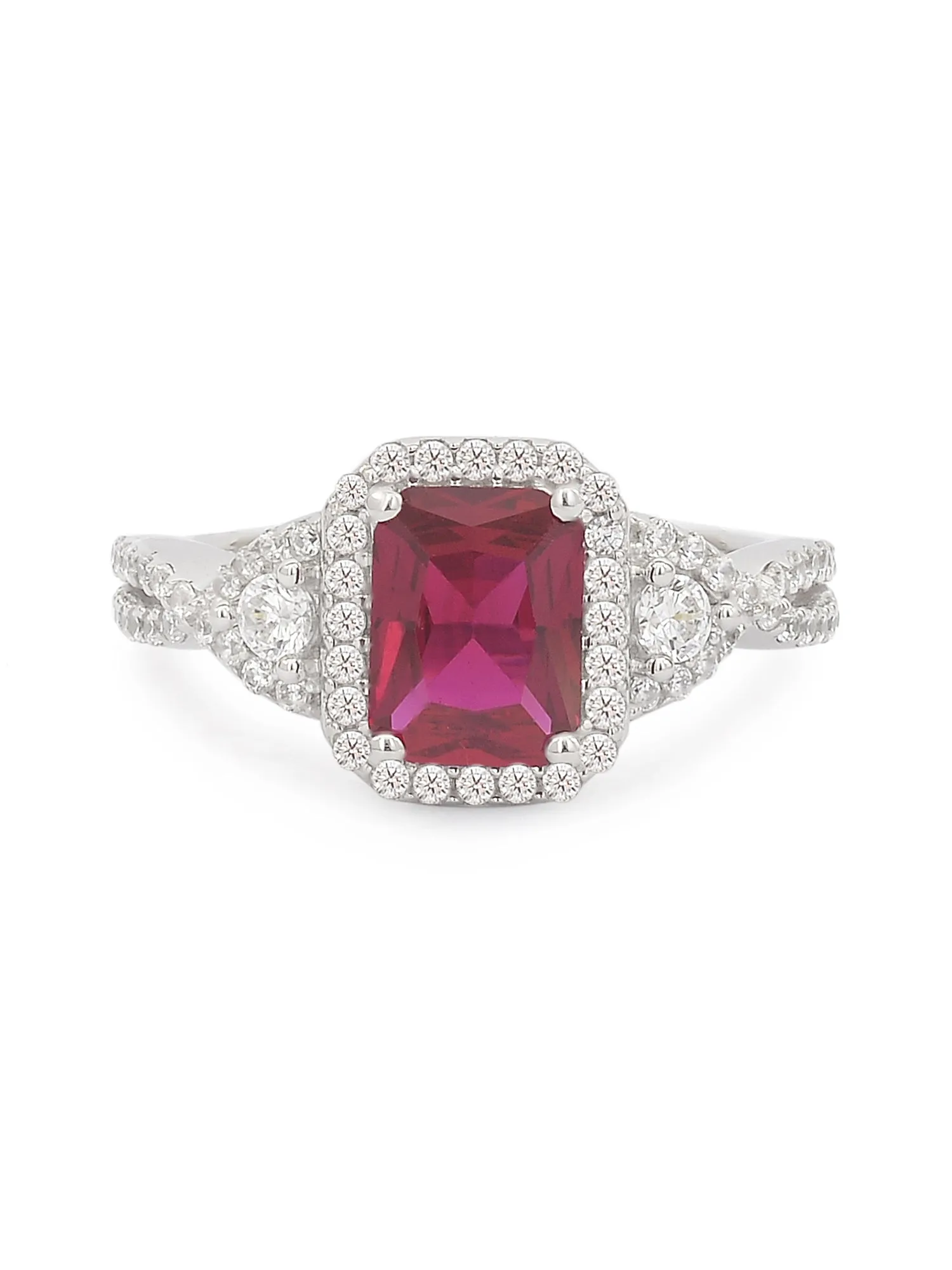 Ornate Jewels Red Ruby Silver Ring With Cz