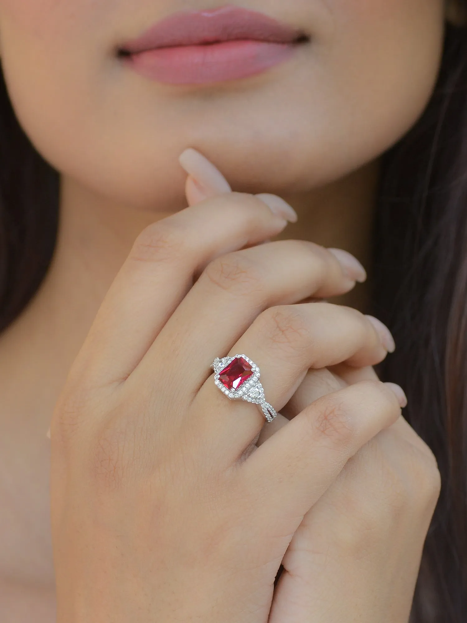 Ornate Jewels Red Ruby Silver Ring With Cz