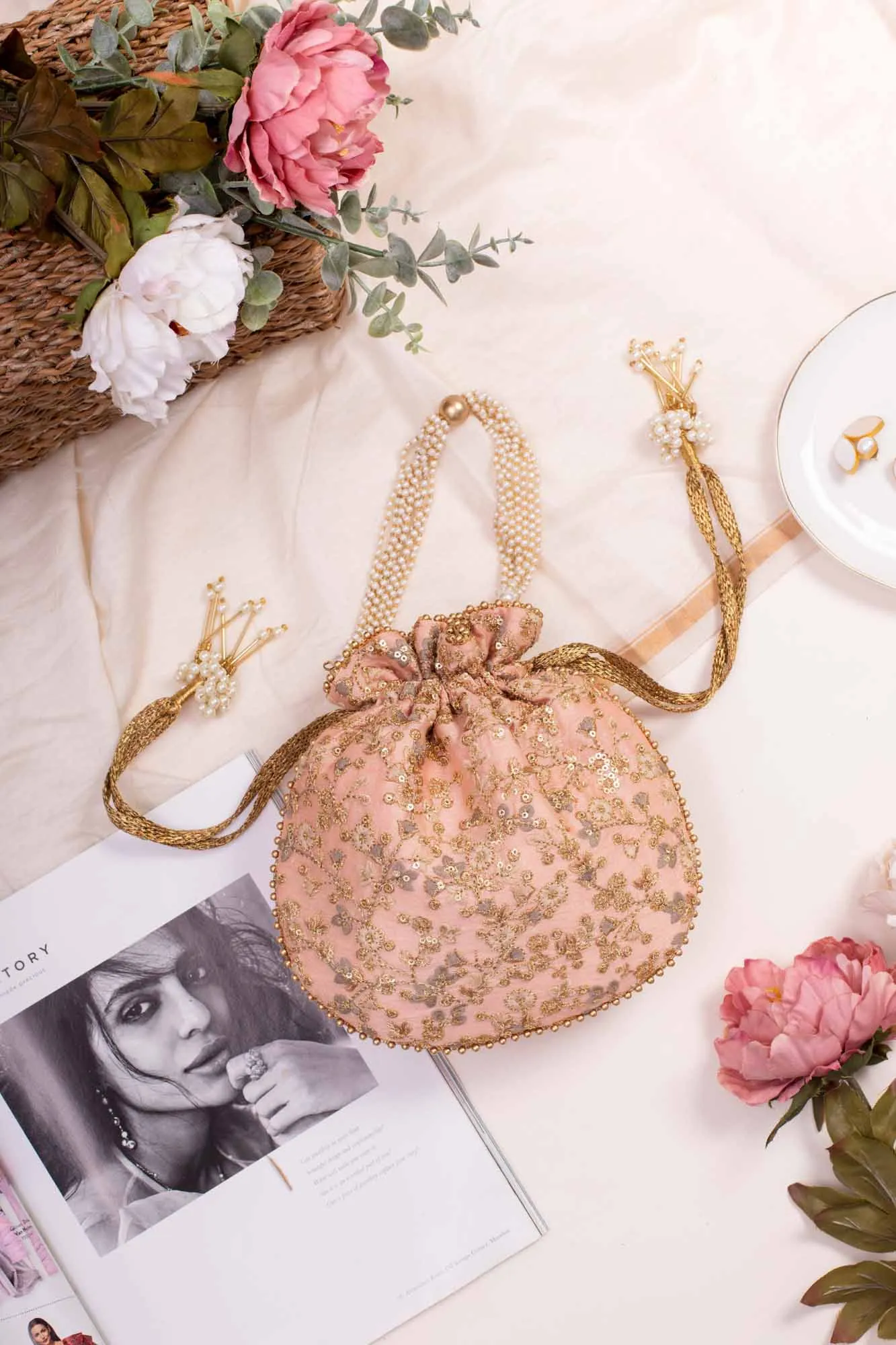 Peach floral embroidered potli bag