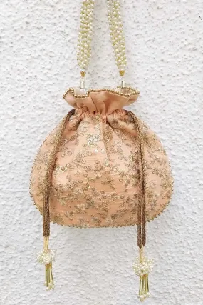 Peach floral embroidered potli bag