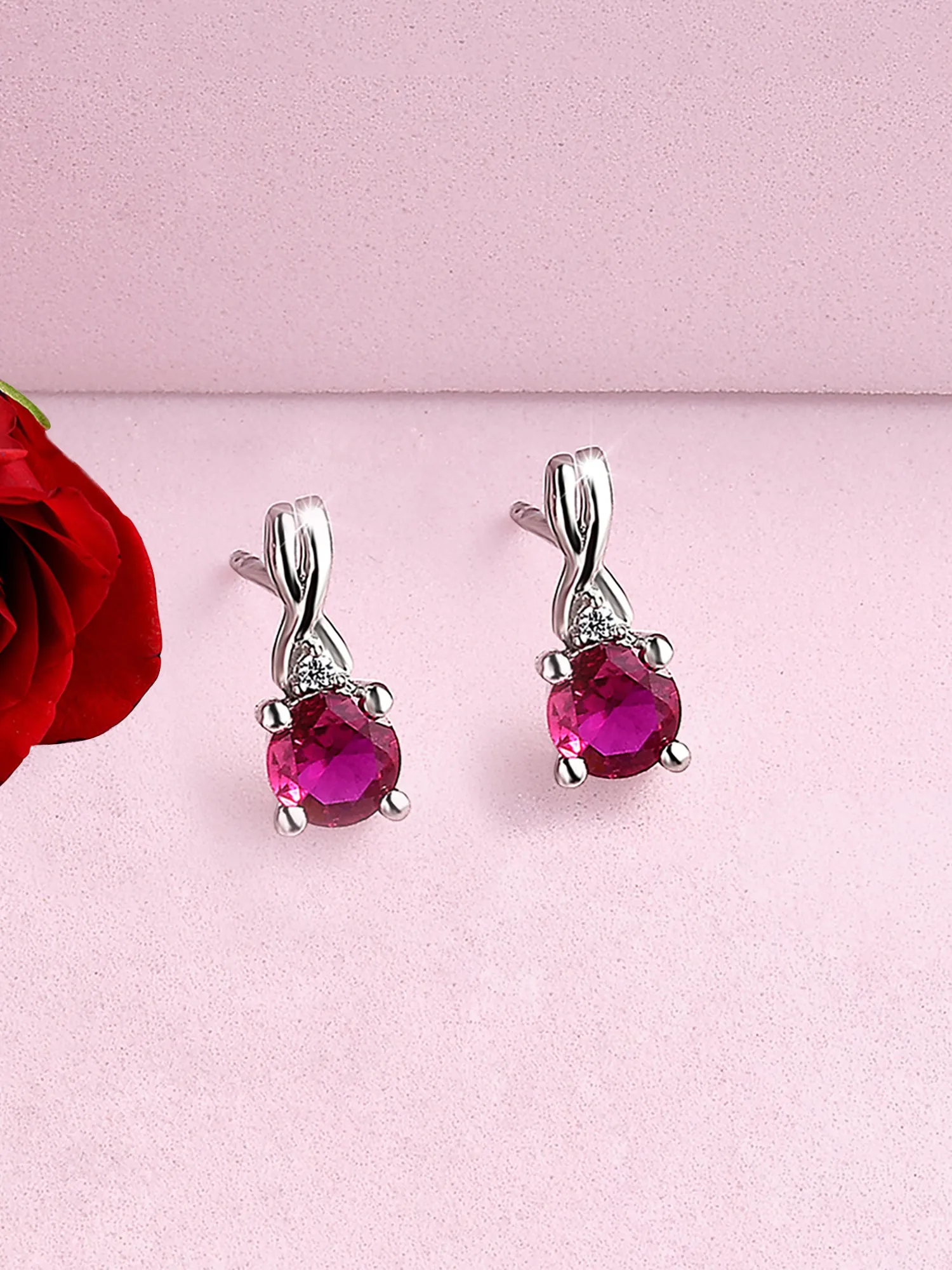 Red Ruby And American Diamond Solitaire Earrings In 925 Silver