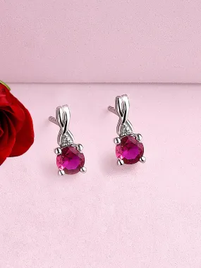 Red Ruby And American Diamond Solitaire Earrings In 925 Silver