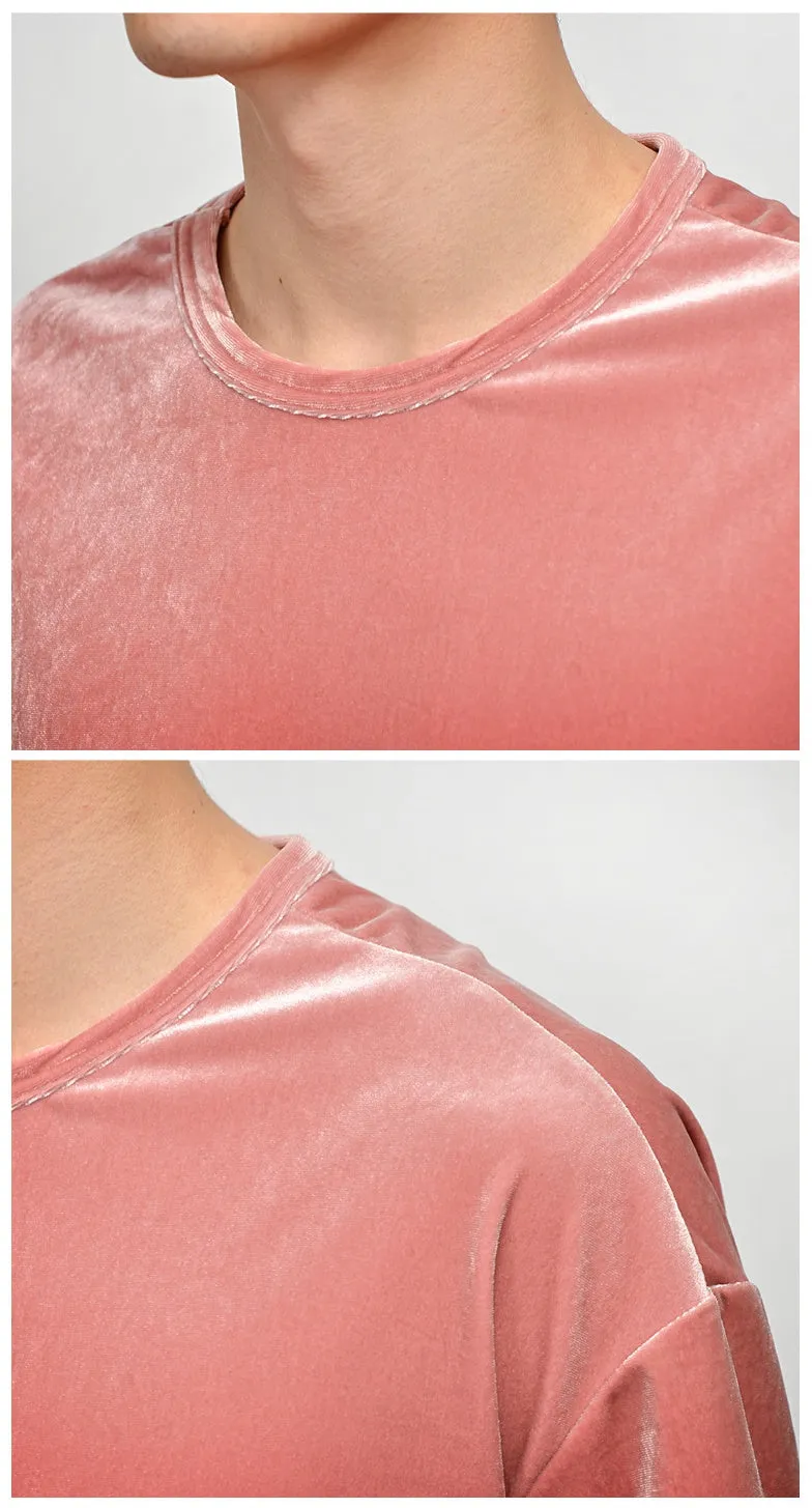 Salmon Pink Velvet Short Sleeved T-Shirts Mens Loose Fit Velour Tees