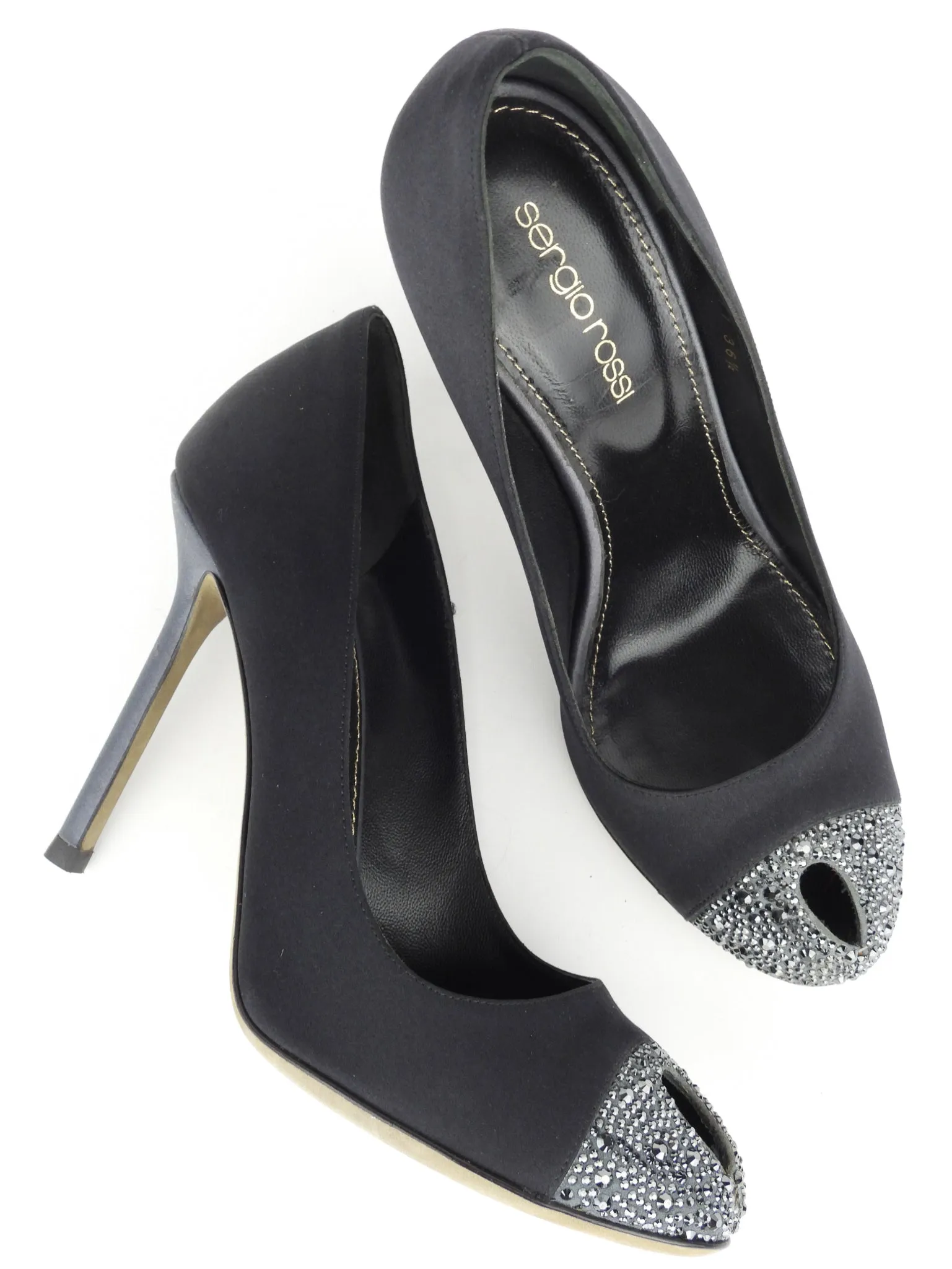 Sergio Rossi Black Satin Crystal Cap Toe Peep Toe Pumps - 36.5