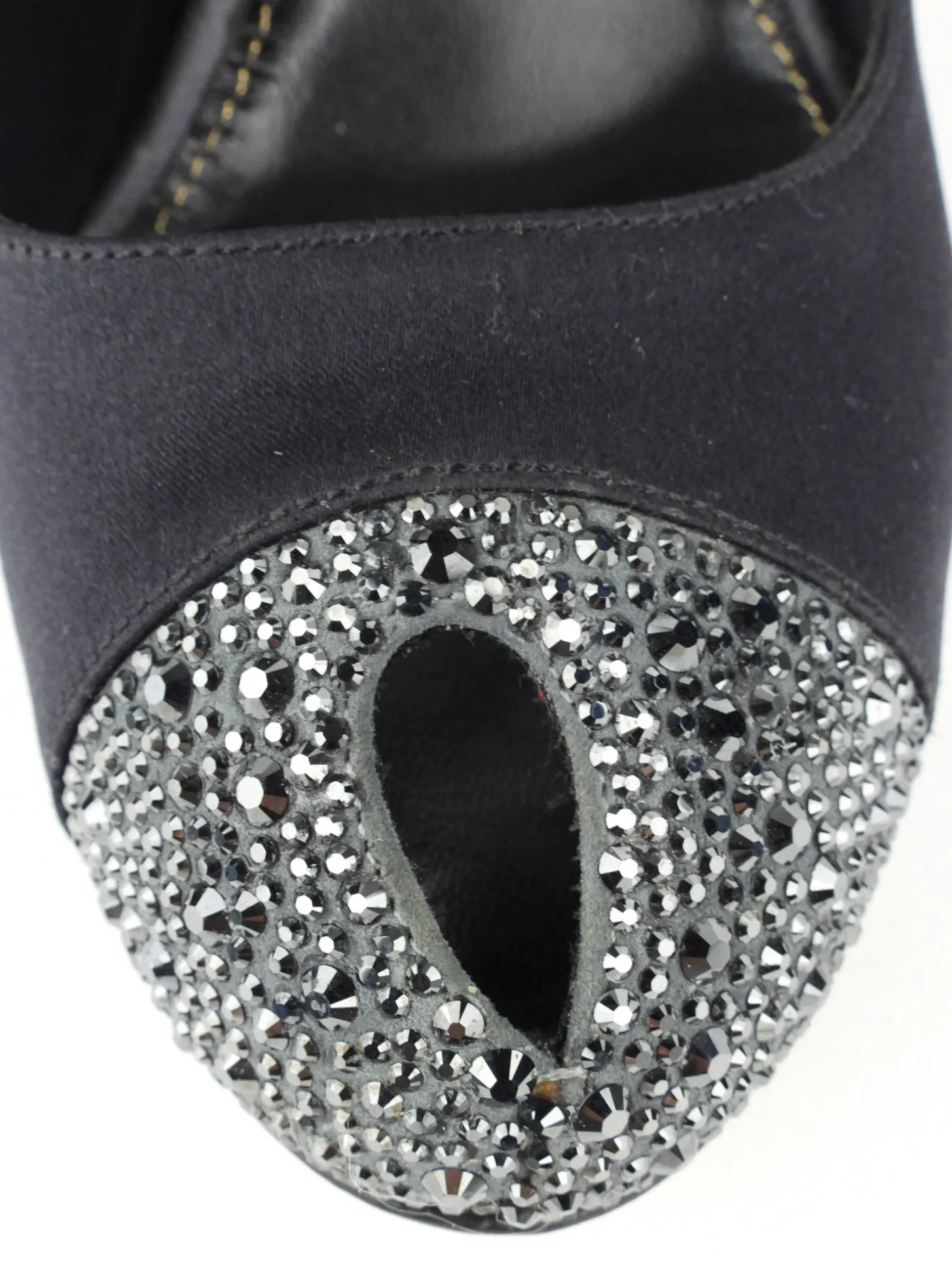 Sergio Rossi Black Satin Crystal Cap Toe Peep Toe Pumps - 36.5