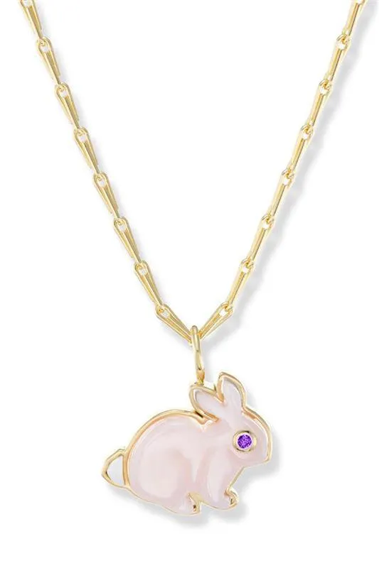 Small Pink Opal Bunny Pendant Necklace