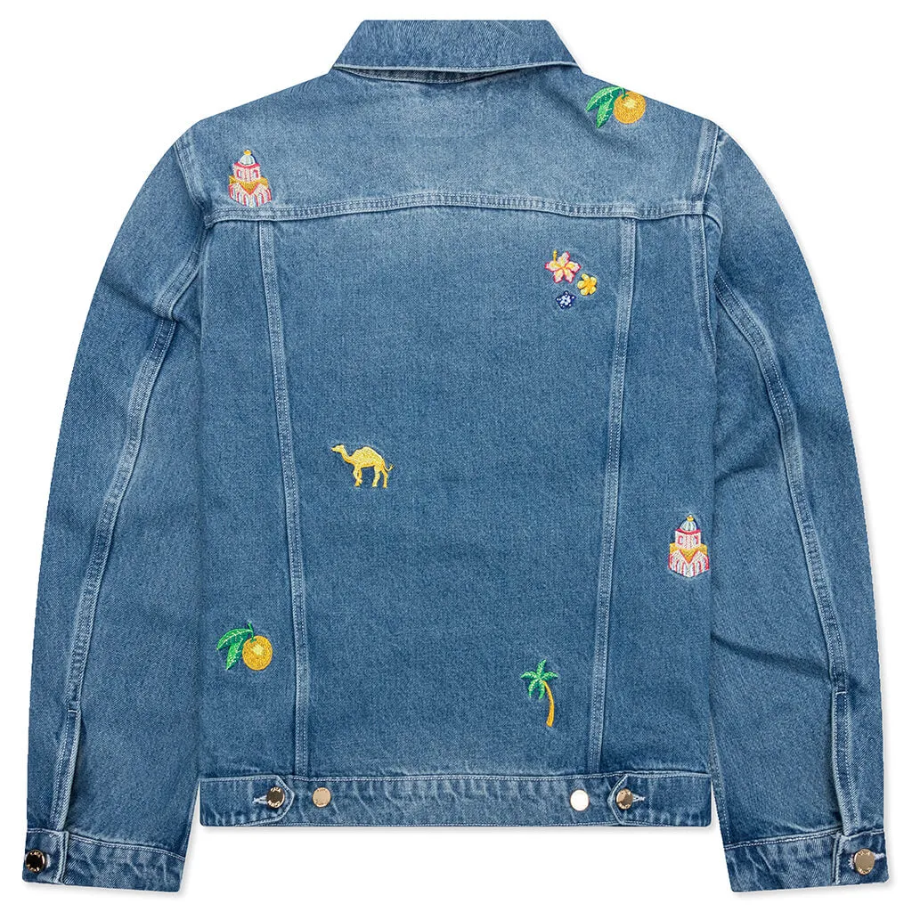 Stone Wash Denim Embroidered Motif Jacket - Stone Wash