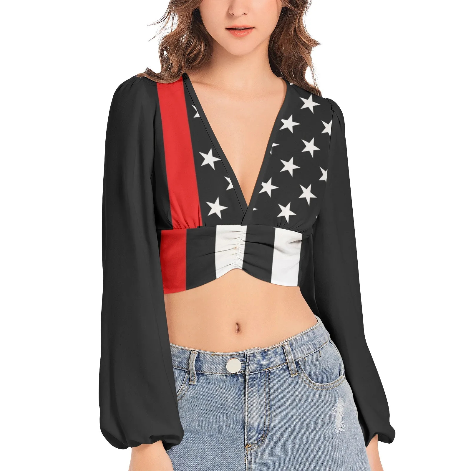 Support for Firefighters Women's Deep V-Neck Lantern Sleeve Crop Top