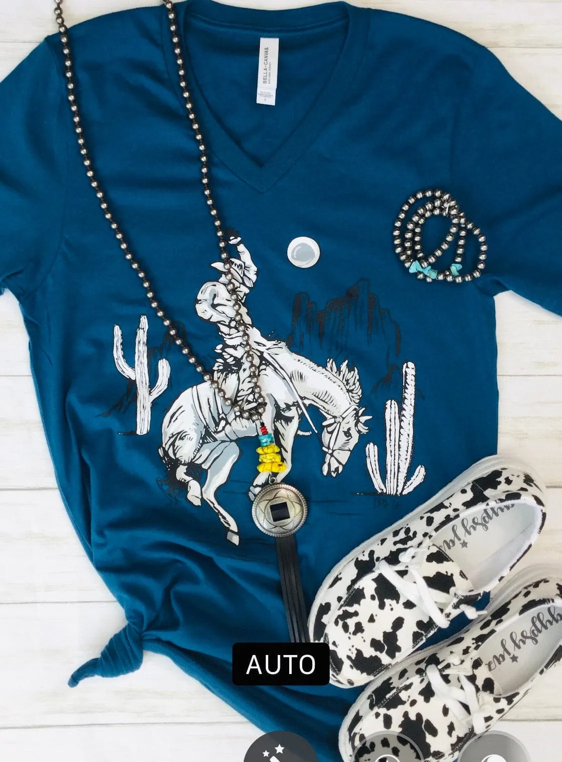 The Spring Teal Cowboy Out West V Neck Tee