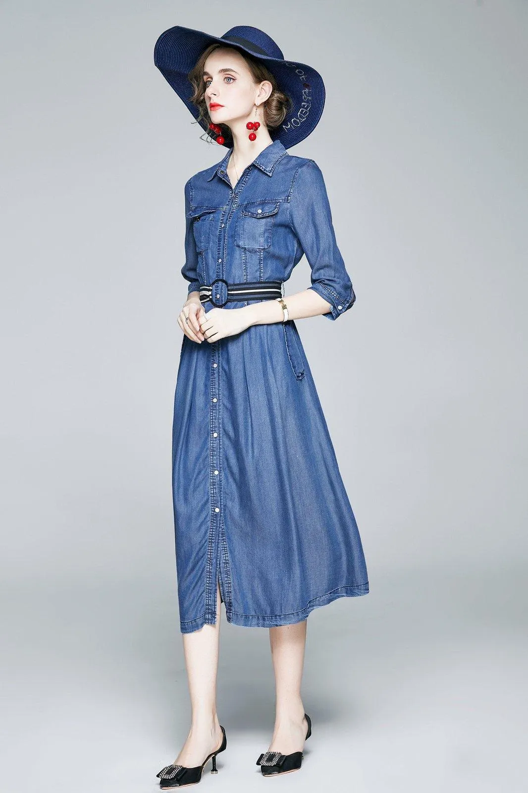 Three Quarter Sleeve Belted Blue Denim Midi Shirtdress