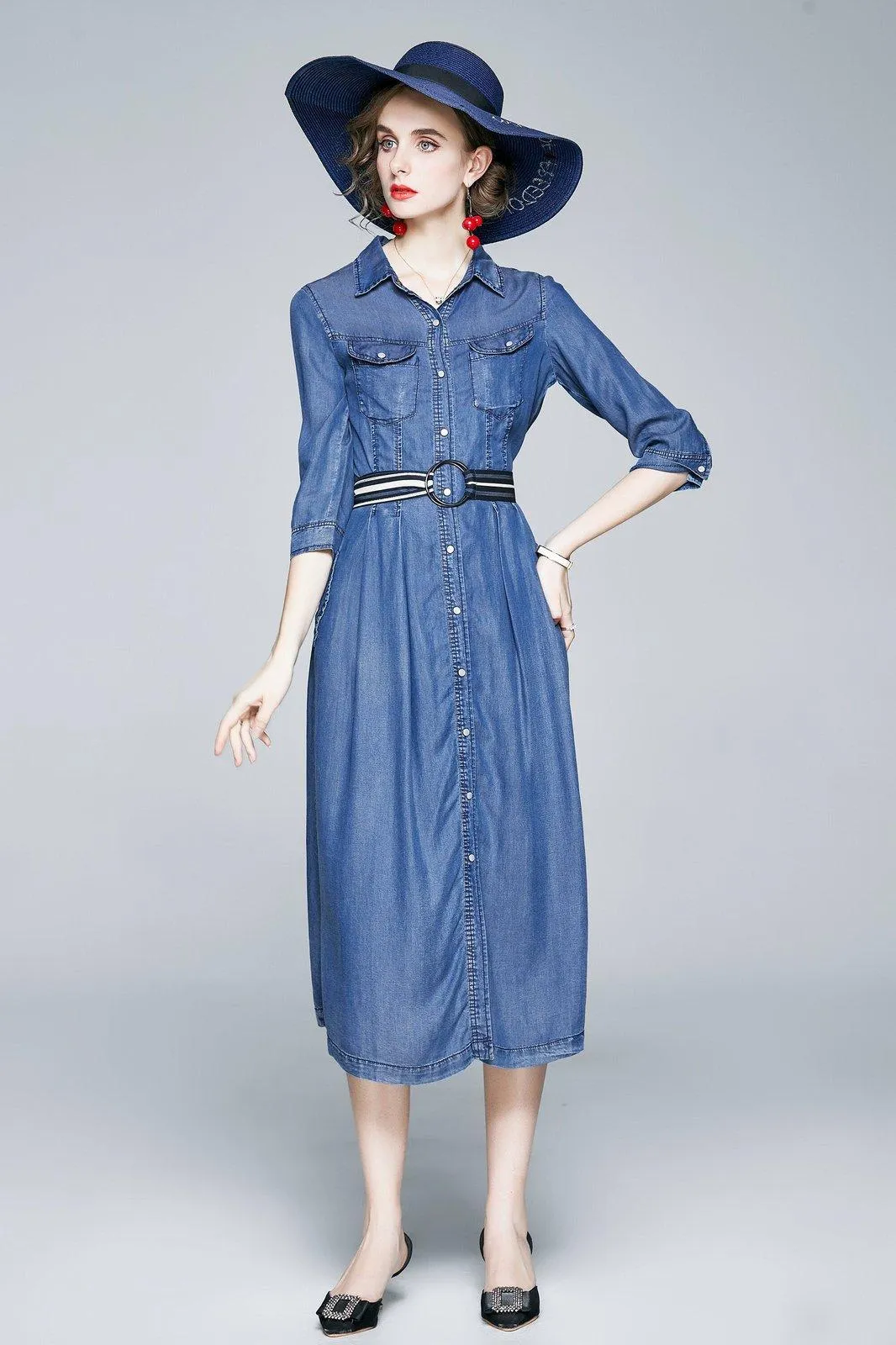 Three Quarter Sleeve Belted Blue Denim Midi Shirtdress