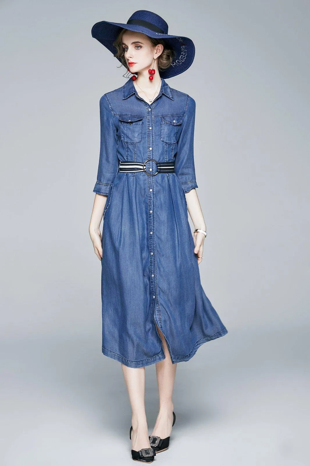 Three Quarter Sleeve Belted Blue Denim Midi Shirtdress