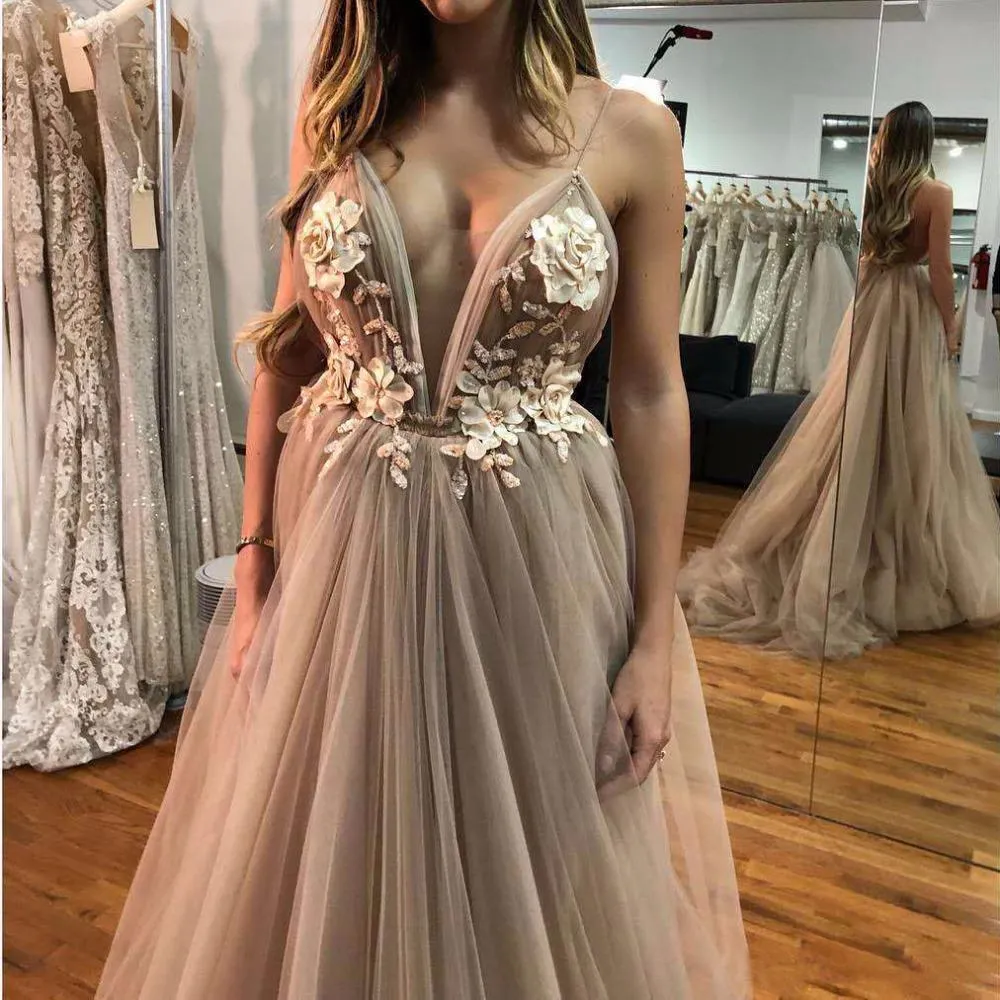 Unique Floral Embroidered V Neck Backless Spaghetti Straps Prom Dresses with Flowers