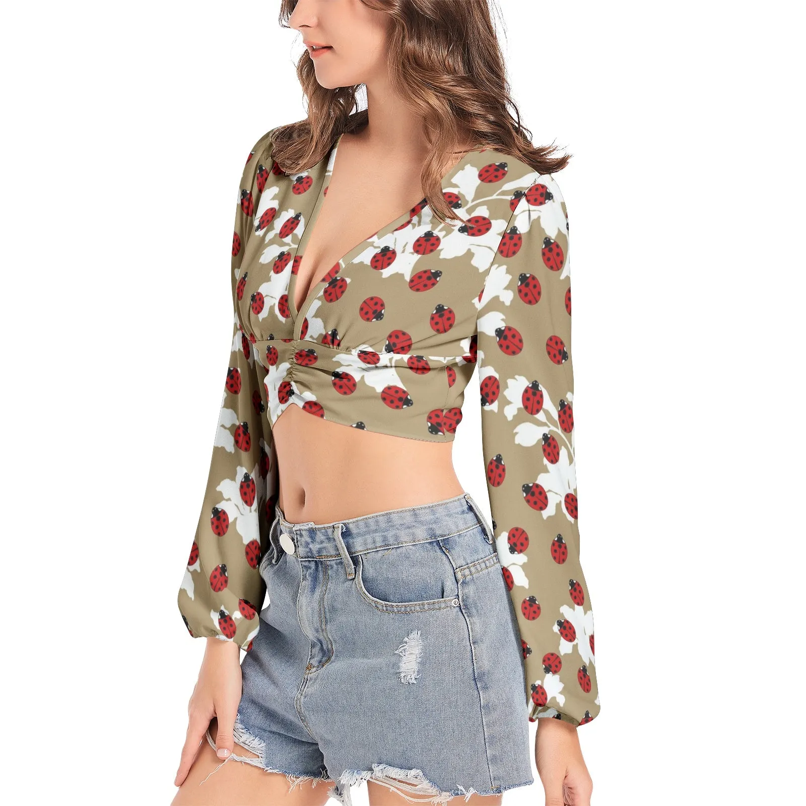 Women's Deep V-Neck Lantern Sleeve Crop Top