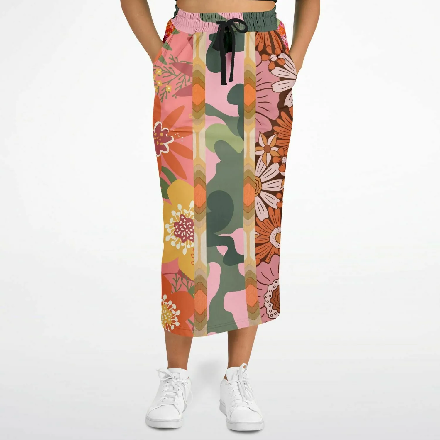 Yogananda Stripe Floral Patchwork Eco-Poly Long Pocket Skirt